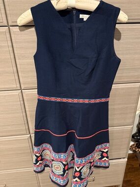 Shoshanna Navy Mini Dress with Coral & Multicolor Embroidery
